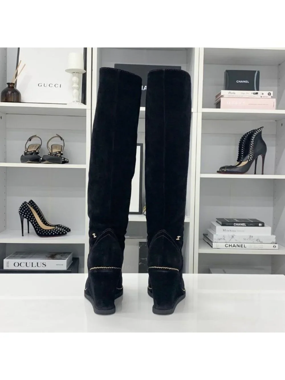 Chanel Suede CC Logo Chain Wedge Sole Long Boots Black
